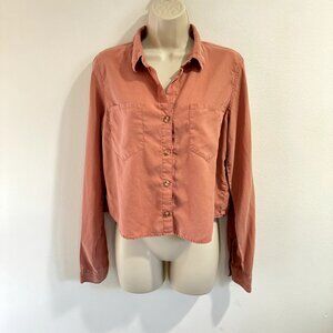Thread + Supply Shirt Crop Size M Button Front Long Sleeve Salmon Pink Roll Tab